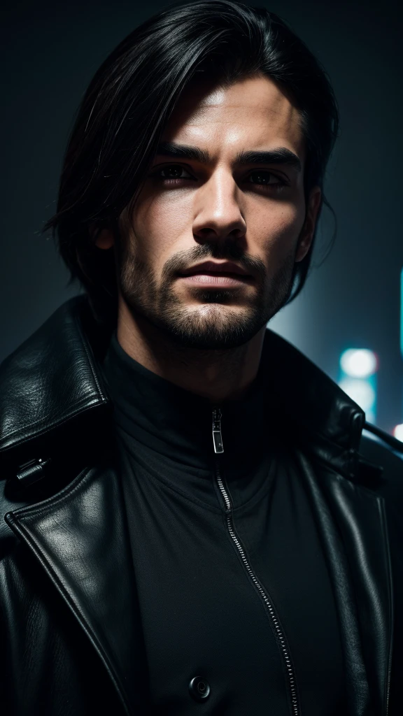 facial portrait, a man, with black coat, cyberpunk