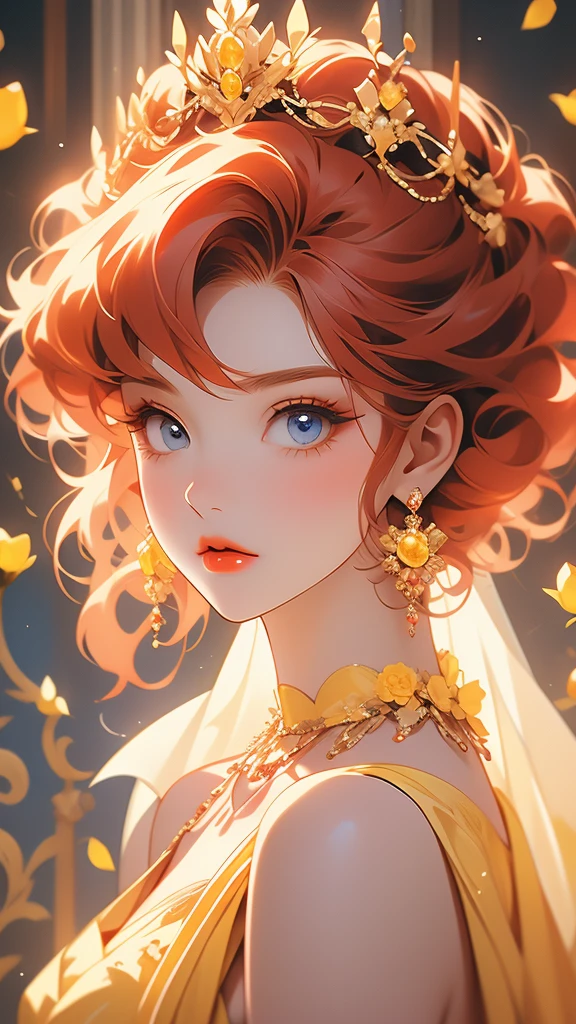 a woman with red hair and a tiara on her head in anime style, 1girl, jewelry, solo, yellow flower, earrings, red lips, blue eyes, red hair, makeup, looking at viewer, crown, short hair, eyelashes, yellow rose, bangs, necklace, lipstick, portrait, gem, bare shoulders, flower