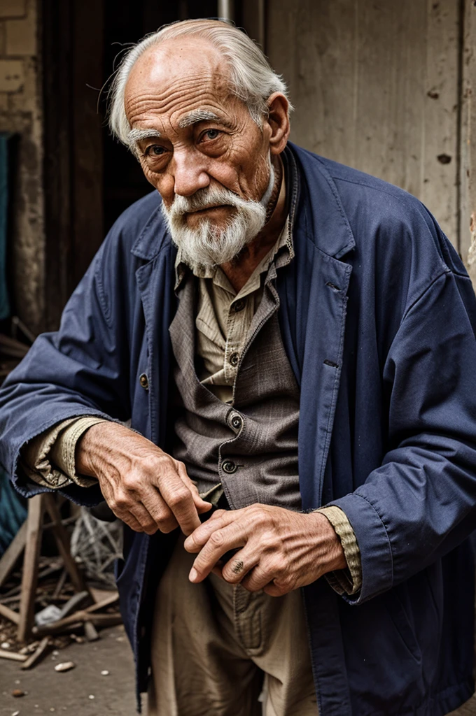 Create creepy old man drawing beggar and clothes teared 