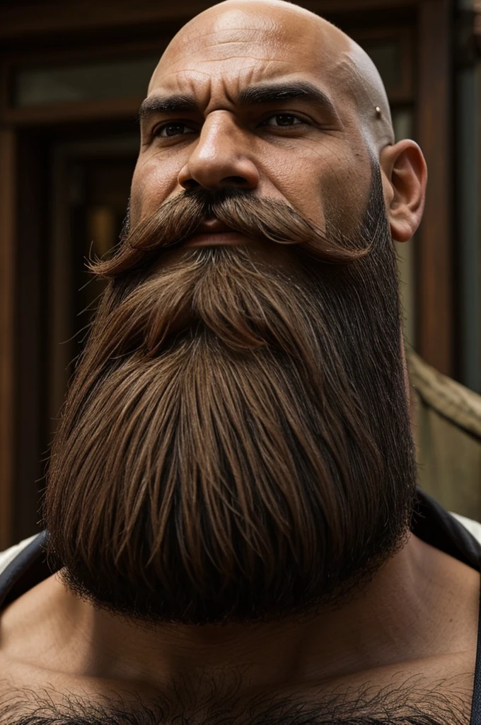 Bald giant with united beard and mustache, his skin color is brown.