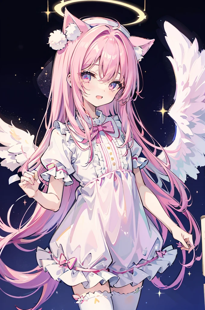 galaxy angel style,pastel,glitter,Angel shota,glowing halo,cat ears,pink long hair,angel wings,more add cuteness,
Wearing short-sleeved frilly pajamas, a hat with a pom-pom on the tip, and standing in a dark hallway at night,
sleepy eye,open mouth smile,Say good night,