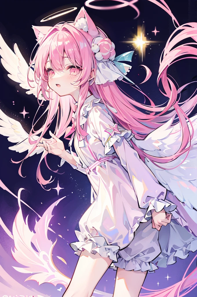 galaxy angel style,pastel,glitter,Angel shota,glowing halo,cat ears,pink long hair,angel wings,more add cuteness,
Wearing short-sleeved frilly pajamas, a hat with a pom-pom on the tip, and standing in a dark hallway at night,
sleepy eye,open mouth smile,Say good night,