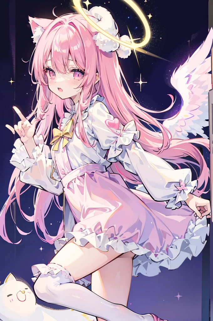 galaxy angel style,pastel,glitter,Angel shota,glowing halo,cat ears,pink long hair,angel wings,more add cuteness,
Wearing short-sleeved frilly pajamas, a hat with a pom-pom on the tip, and standing in a dark hallway at night,
sleepy eye,open mouth smile,Say good night,