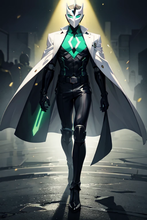 ((best quality)), ((masterpiece)), (detailed), 1 man, full body, 30s, masked, long brown hair slicked back, white superhero mask with green details, small diamond on forehead, glowing green eyes, black collar, tall, thin, long dark grey trench coat, open grey trench coat showing his chest, black gloves, grey wristbands, suit, white shirt, dark green suit vest, black pants, grey knee pads, metallic black shoes, belt, robot army behind him, floating, green flashes of light, background with green lights, anime