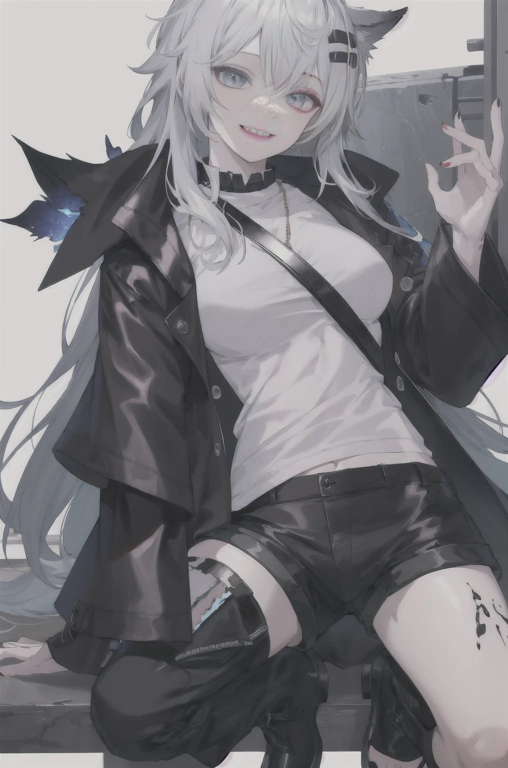 8K,high resolution,absurd,masterpiece,best quality,The original,Extremely detailed CG,Extremely detailed wallpaper,Perfect lighting,1 Girl
(hutaodef:1.2),Black shorts,black h在 with h在 ,Regular Clothes,white background,smile