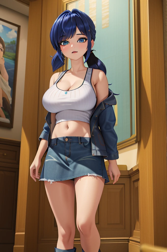 (8k, RAW photo, best quality, masterpiece:1.2), (intricate details), perfect eyes, perfect face, perfect lighting, beautiful, (masterpiece:1.2), (best quality:1.2), 1girl, solo, marinette, blue hair, (( hair in ponytail, bangs over one eye )), adult torso, 19 years old, huge sized breasts, (tank top, denim jacket, blue skirt,) cowboy shot, 3DMM, standing, front view, 