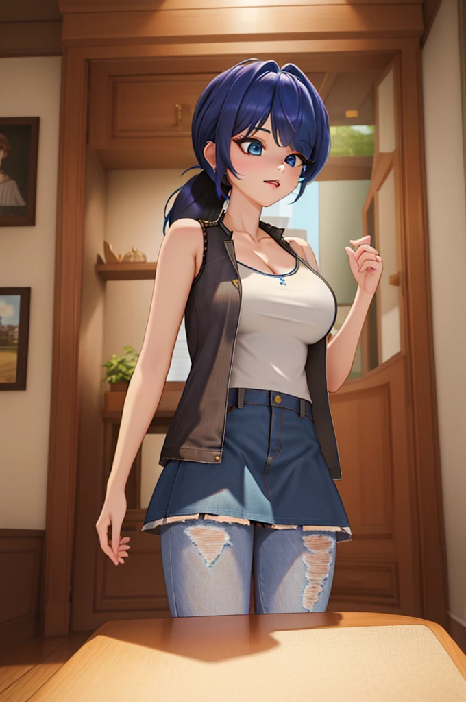 (8k, RAW photo, best quality, masterpiece:1.2), (intricate details), perfect eyes, perfect face, perfect lighting, beautiful, (masterpiece:1.2), (best quality:1.2), 1girl, solo, marinette, blue hair, (( hair in ponytail, bangs over one eye )), adult torso, 19 years old, huge sized breasts, (tank top, denim jacket, blue skirt,) cowboy shot, 3DMM, standing, front view, 