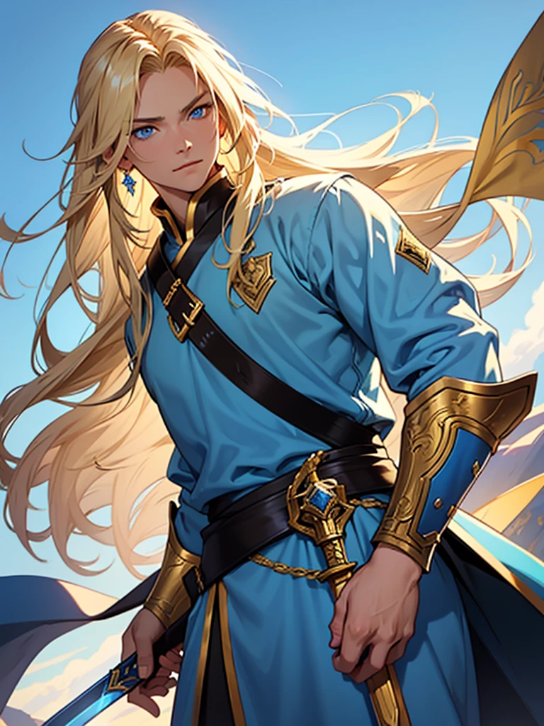 30-year-old female、human、Blonde long hair、Blue clothing with gold decoration、He raised his gorgeous sword and gave a command.、Plains、blue eyes