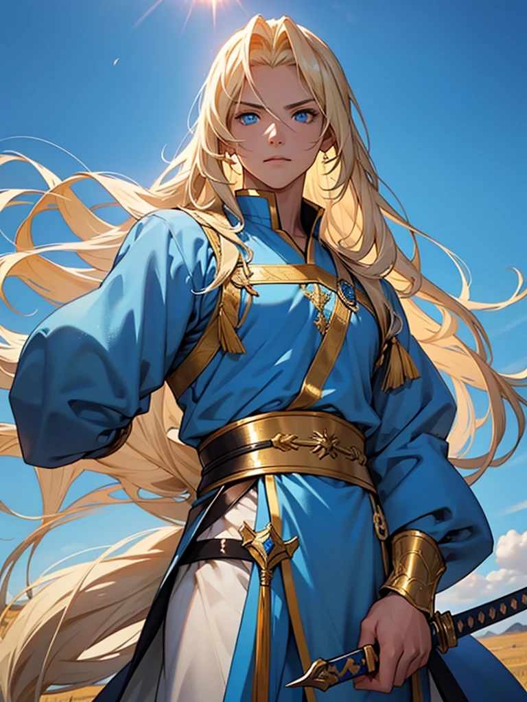 30-year-old female、human、Blonde long hair、Blue clothing with gold decoration、He raised his gorgeous sword and gave a command.、Plains、blue eyes