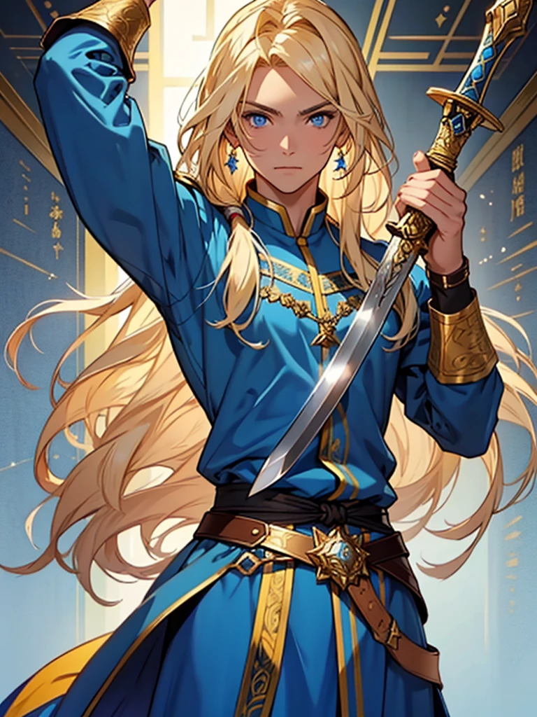 30-year-old female、human、Blonde long hair、Blue clothing with gold decoration、He raised his gorgeous sword and gave a command.、Plains、blue eyes