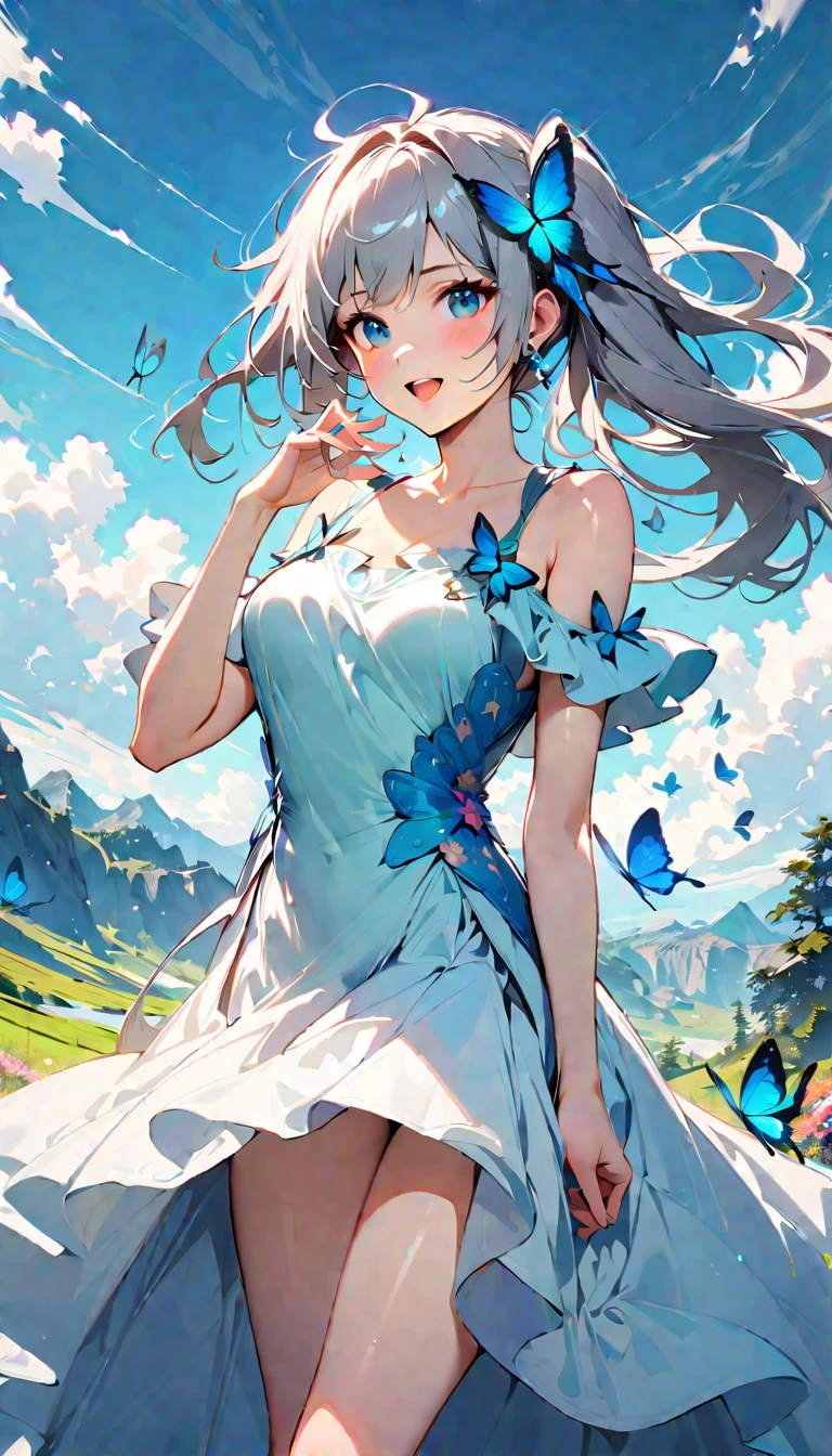 (Highest quality:1.2, Very detailed, up to date, Vibrant, digital coloring, High Contrast, masterpiece:1.2, Highest quality, Best aesthetics, Wind Spirit), 1 female, Silver Hair, Side Ponytail、(((Blue butterfly hair ornament, Blue Butterfly Dress:1.2))), (Many butterflies and flowers are flying:1.2, Fantasy Landscape:1.4), Bright lighting, Beautiful world, New World, Blown by the gentle wind, (hot視線, hot, Louis々Beautiful Lips, Shiny, Open your mouth, Sigh leaks out), Accurate, Textured skin, Cowboy Shot, Captivating smile, The beauty and danger of growing from a girl to an adult, A symbol of miraculous beauty.