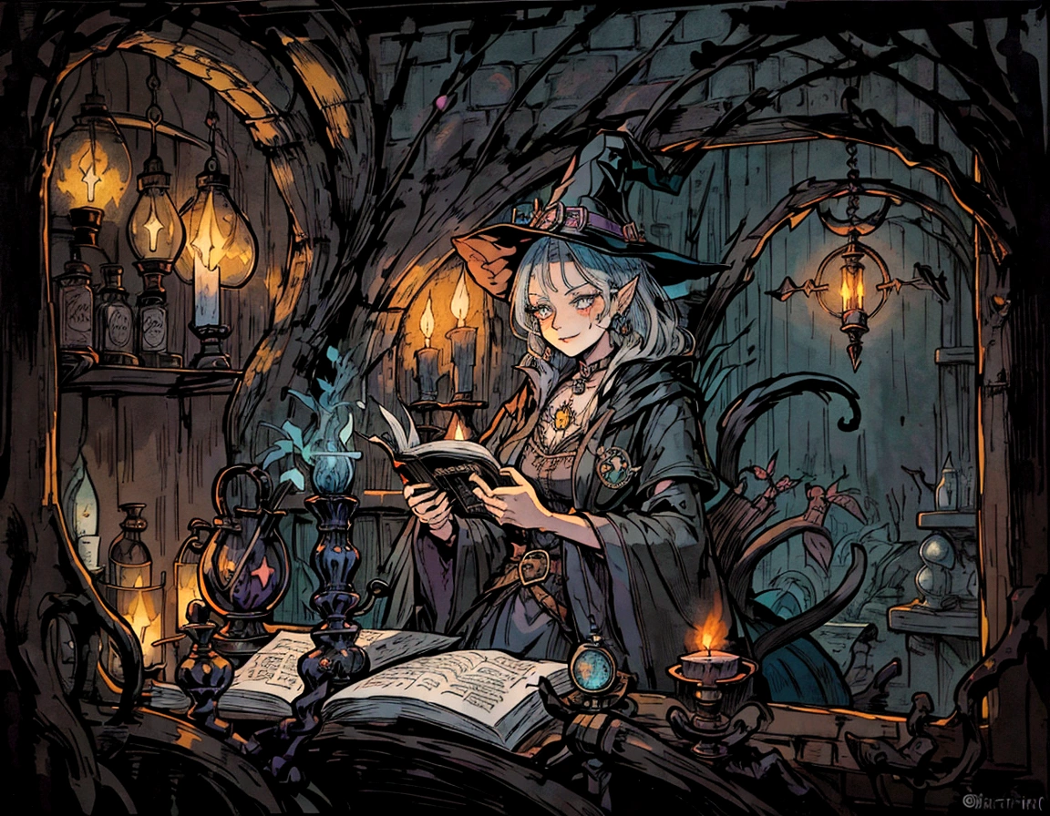 witch reading a book in a dark room with candles and a cat, she is in the potions workshop, in a potion shoppe, casting a spell on a potion, fantasy alchemist laboratory, stylized urban fantasy artwork, painted in the style arcane, magical potions, magic shop, witch paying for her sins, witch fairytale, fantasy potion vendor interior