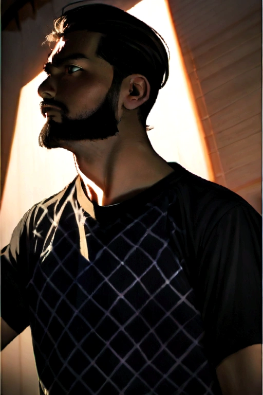 The image shows a person taking a selfie. The person has short, dark hair, with a texture that appears to be slightly wavy, and a short, well-trimmed beard. The beard is darker than the hair, suggesting it may have been recently trimmed. The person is wearing a black t-shirt, which appears to be made from a synthetic fiber, possibly polyester, given the plain appearance and lack of prints or visible details.
The person is looking directly at the camera, with a neutral expression and a relatively neutral posture, with hands not visible in photo. The lighting in the photo is artificial, possibly from an internal source, given the soft shadow and lack of contrast on the background wall.
The background is a tiled wall, which appears to be made of a ceramic or porcelain material, with a pattern that appears to be a type of tile with a regular design, possibly a line or square pattern. The wall is a light tone, possibly white or a light shade of blue, and the photo appears to have been taken indoors, possibly a house or an apartment.