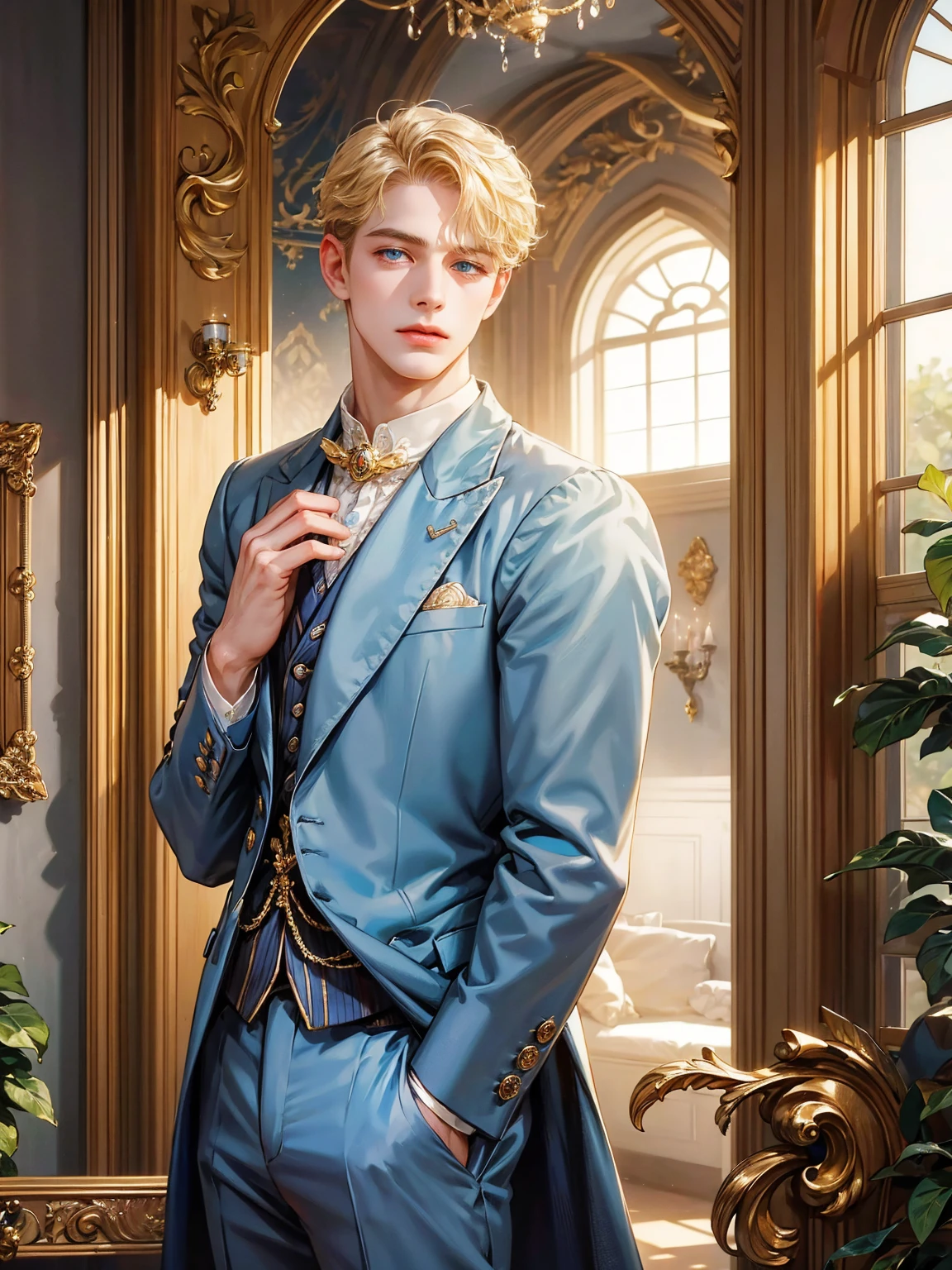 A boy, short blonde hair, wavy hair, sky blue eyes. He wears a victorian-era man's suit. Handsome boy, detailed eyes, detailed face, detailed hands. He looks at the viewer. He has his hands behind his back. Background inside of a hall