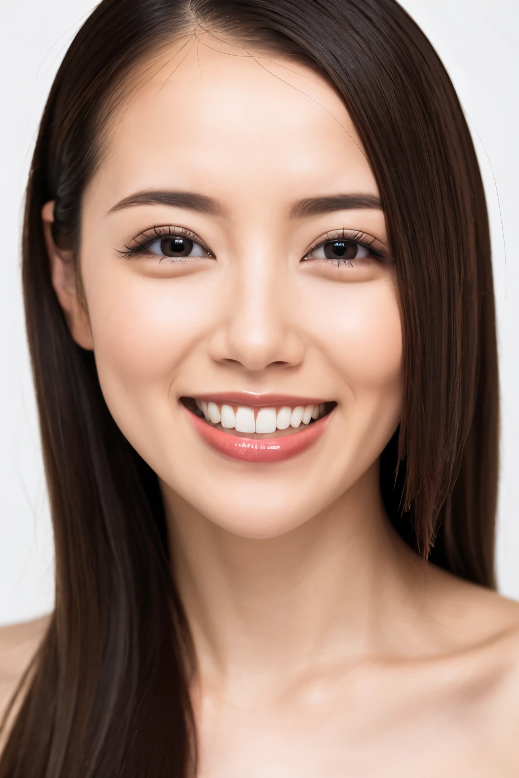 (Tabletop、Highest quality、、Award-winning works、Ultra-high resolution)、(Face close-up:1.1)、Perfect beautiful face、(Pure white background:1.1)、(nude:1.4)、perfect beautiful teeth、smile