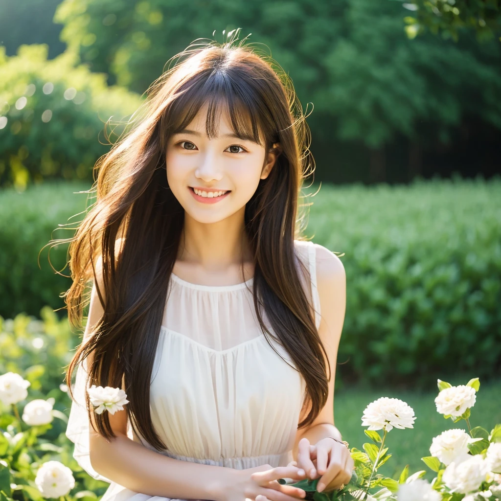 Create an image of a young woman around 25 years old, inspired by the provided image. The woman should have long, flowing hair and a gentle smile, holding a bouquet of flowers similar to the one in the reference. The setting should be a beautiful outdoor environment with greenery in the background, reminiscent of a sunny day. The woman should have a slightly more mature appearance while maintaining a warm and friendly expression. Ensure the lighting and color tones are soft and natural, highlighting her youthful yet mature beauty.
