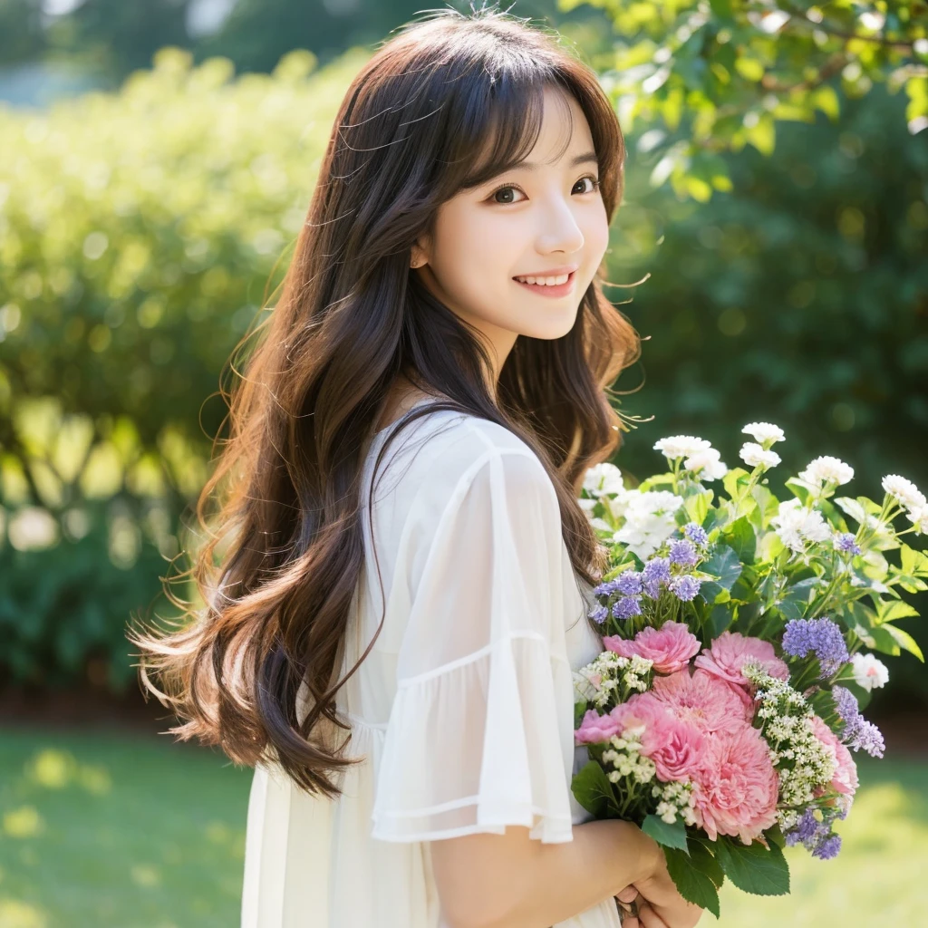Create an image of a young woman around 25 years old, inspired by the provided image. The woman should have long, flowing hair and a gentle smile, holding a bouquet of flowers similar to the one in the reference. The setting should be a beautiful outdoor environment with greenery in the background, reminiscent of a sunny day. The woman should have a slightly more mature appearance while maintaining a warm and friendly expression. Ensure the lighting and color tones are soft and natural, highlighting her youthful yet mature beauty.