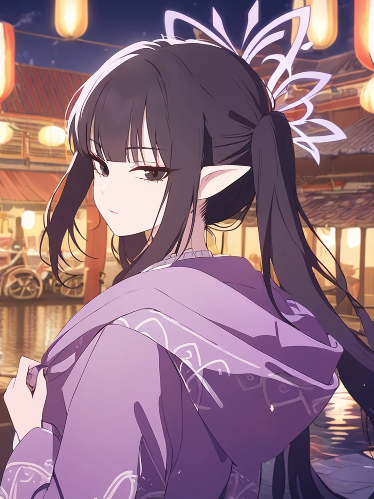 1woman, violet sparks, elven, black hair, multiple twin tail hairstyle, bangs hair, black eyes, building, elegant, hoodie, traditional thai costume,