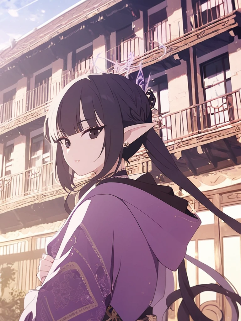 1woman, violet sparks, elven, black hair, multiple twin tail hairstyle, bangs hair, black eyes, building, elegant, hoodie, traditional thai costume,
