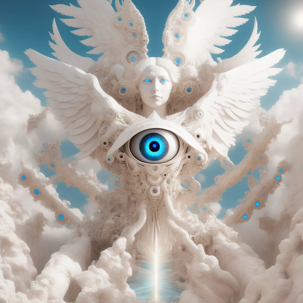 There is a white sculpture with a blue eye and wings, white cyclops portrait in sky, deusa. Detalhes extremamente altos, Portrait of a mystical giant eye, abstract occult epic composition, olhos brancos detalhados, detailed cosmic angelic robot, mystical third eye, psychedelic surreal art, canalizando a energia do terceiro olho, tiro extremamente detalhado da deusa, digital visionary art, futuristic robot angel
