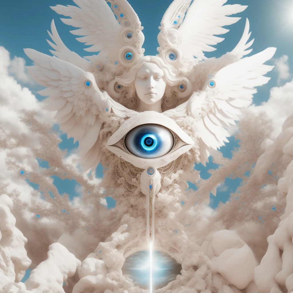 There is a white sculpture with a blue eye and wings, white cyclops portrait in sky, deusa. Detalhes extremamente altos, Portrait of a mystical giant eye, abstract occult epic composition, olhos brancos detalhados, detailed cosmic angelic robot, mystical third eye, psychedelic surreal art, canalizando a energia do terceiro olho, tiro extremamente detalhado da deusa, digital visionary art, futuristic robot angel