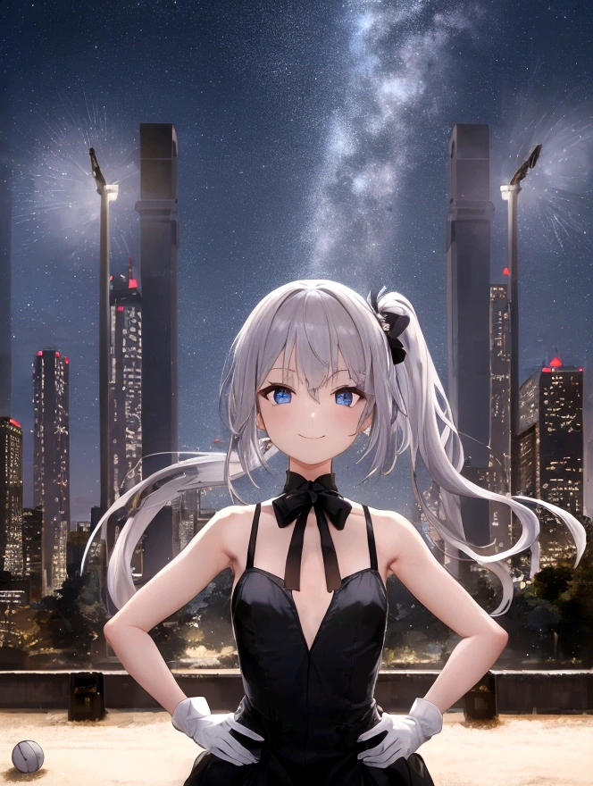 One girl, alone, Absurd, Highest quality, (A proud smile:1.2), Gray Hair, blue eyes, Sleeveless dress, hair ornaments, Black Dress, short, Side Ponytail, Long Hair, Outdoor, nighttime, night, city, performer, Starry Sky, Small breasts, Flat Chest, White gloves, White Stockings, (Hands on hips:1.2), (Portraiture, Straight, throw, View your viewers, Upper Body:1.3)