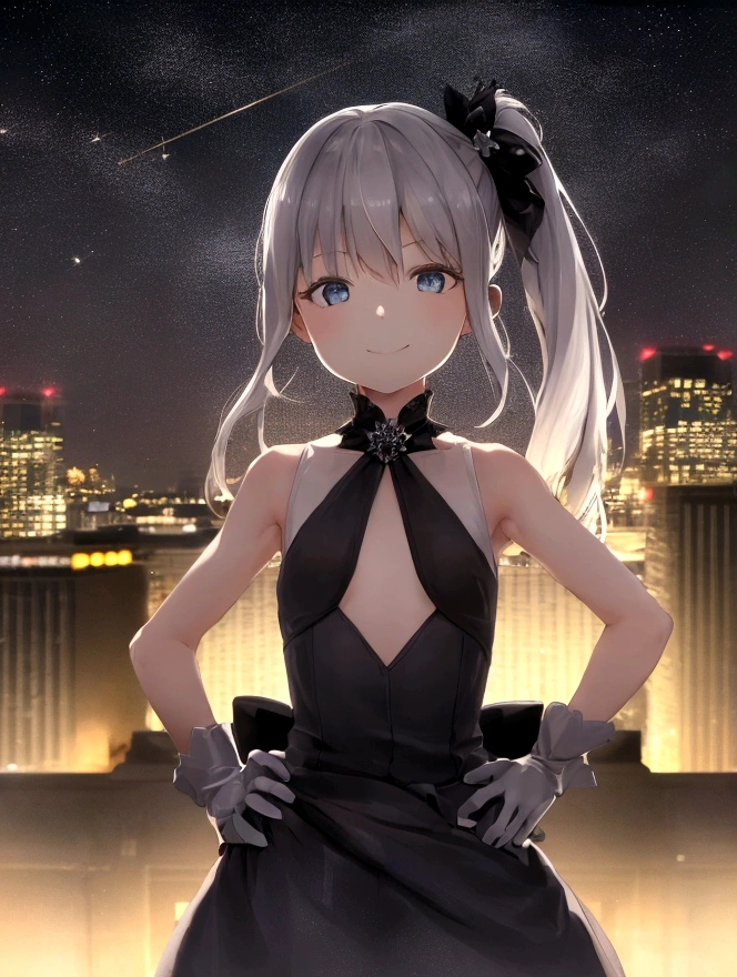 One girl, alone, Absurd, Highest quality, (A proud smile:1.2), Gray Hair, blue eyes, Sleeveless dress, hair ornaments, Black Dress, short, Side Ponytail, Long Hair, Outdoor, nighttime, night, city, performer, Starry Sky, Small breasts, Flat Chest, White gloves, White Stockings, (Hands on hips:1.2), (Portraiture, Straight, throw, View your viewers, Upper Body:1.3)