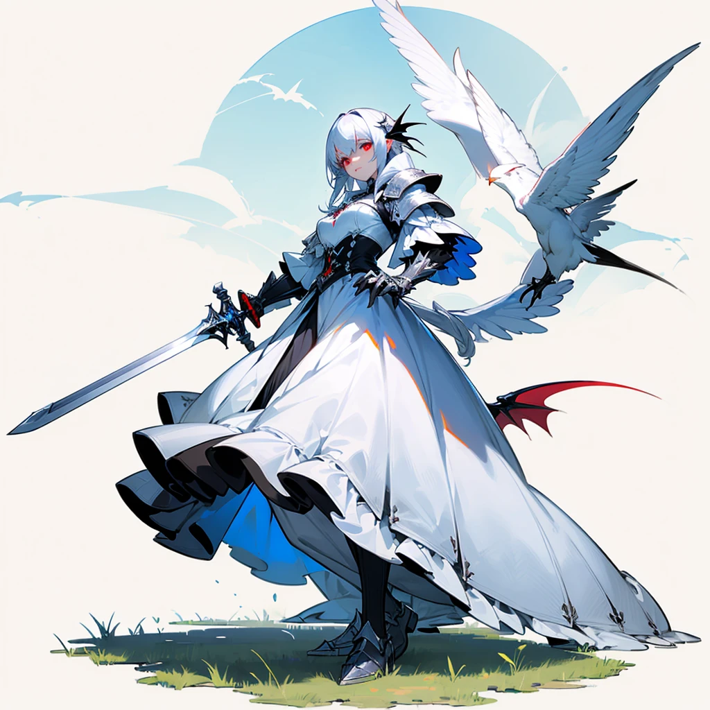 (Random Evolution, Colossal white bird mixed Vampire), silver armor body, (carrying a sword), full body version, (silver hands),  full blue colour skins, (red eyes), (Grassroots), no background