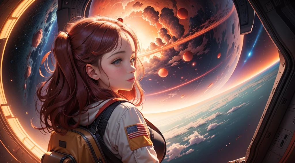 The painting depicts a scene of breathtaking magnificent spatial imagery.  Girl in Pluguit rear facing, Looking at a bright red planet in space. Scenes are extremely detailed and the clarity is extraordinary, capturando cada detalhe intrincado do panorama.