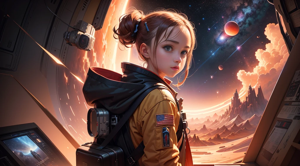 The painting depicts a scene of breathtaking magnificent spatial imagery. Girl in Pluguit rear facing, Looking at a bright red planet in space. Scenes are extremely detailed and the clarity is extraordinary, capturando cada detalhe intrincado do panorama.