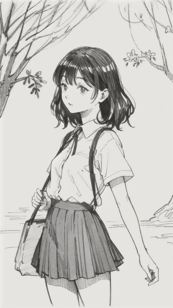 One Girl,Line art,Monochrome,sketch,Pencil drawing,Traditional Media,One Girl, skirt,Cute  Girls, ,Beautiful portrait、Delicate body、Black Hair、Black Hair,landscape