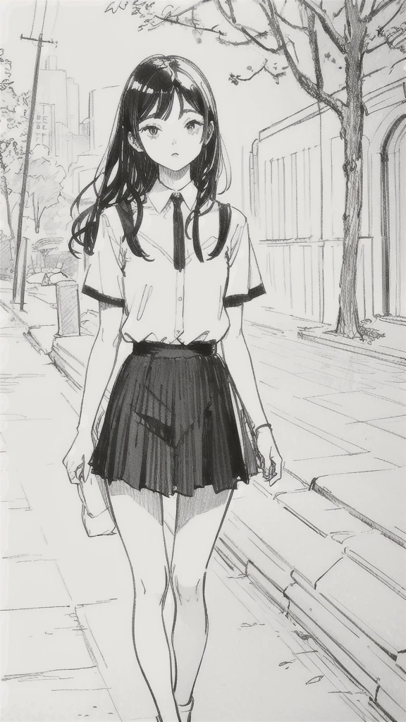 One Girl,Line art,Monochrome,sketch,Pencil drawing,Traditional Media,One Girl, skirt,Cute  Girls, ,Beautiful portrait、Delicate body、Black Hair、Black Hair,landscape