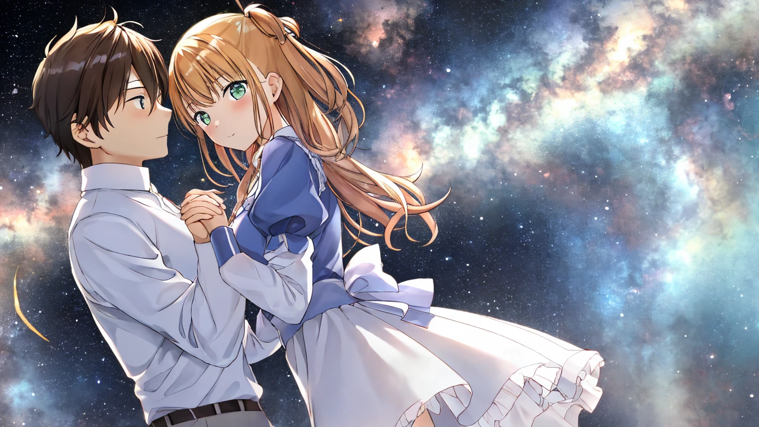 The background is the fantastic Milky Way、Close-up of the upper body of a man and woman standing on a hill, holding hands and looking at each other