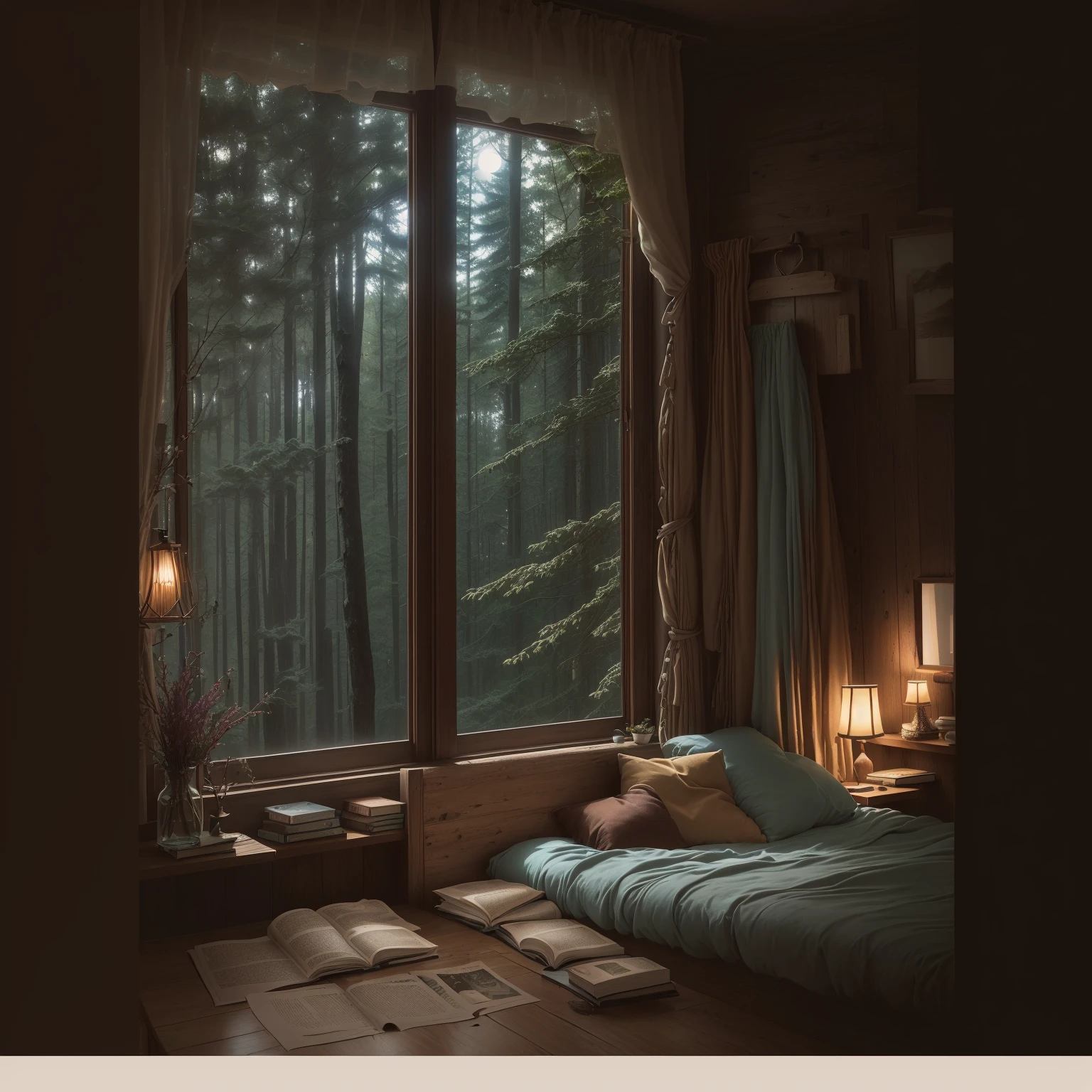 There is a bed in front of the window,There is a book on it, Comfortable place, Comfortable room, comfortable environment, Comfortable and peaceful atmosphere, Comfortable atmosphere, Comfortable wallpaper, Comfortable and calm, Cozy aesthetics, Comfortable atmosphere, Magical environment, Comfortable atmosphere, Warm home background, comfortable environment, Dreamy atmosphere, Comfortable atmosphere, Comfortable bed, The forest can be seen through the large windows at night