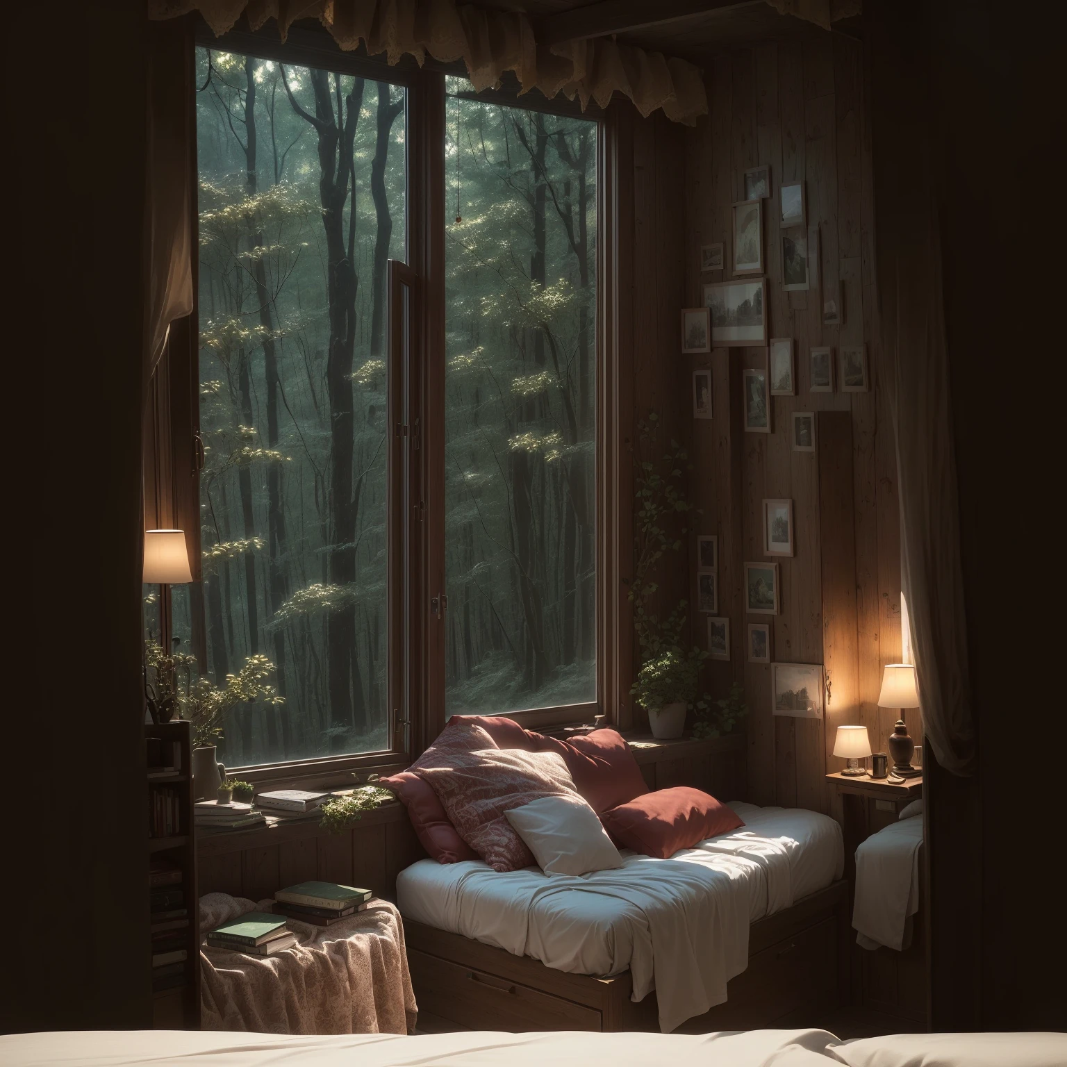 There is a bed in front of the window，There is a book on it, Comfortable place, Comfortable room, comfortable environment, Comfortable and peaceful atmosphere, Comfortable atmosphere, Comfortable wallpaper, Comfortable and calm, Cozy aesthetics, Comfortable atmosphere, Magical environment, Comfortable atmosphere, Warm home background, comfortable environment, Dreamy atmosphere, Comfortable atmosphere, Comfortable bed, The forest can be seen through the large windows at night