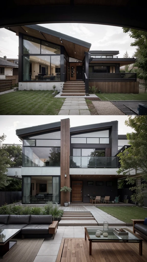 a view of a modern home with a large balcony and a living room, mid - century modern, mid-century modern, modern design, modern setting, award winning modern design, large glass windows, modern house in the wood, ultra modern, midcentury modern, passive house, contemporary house, sleek utopian design, black windows, minimalistic house in the wood