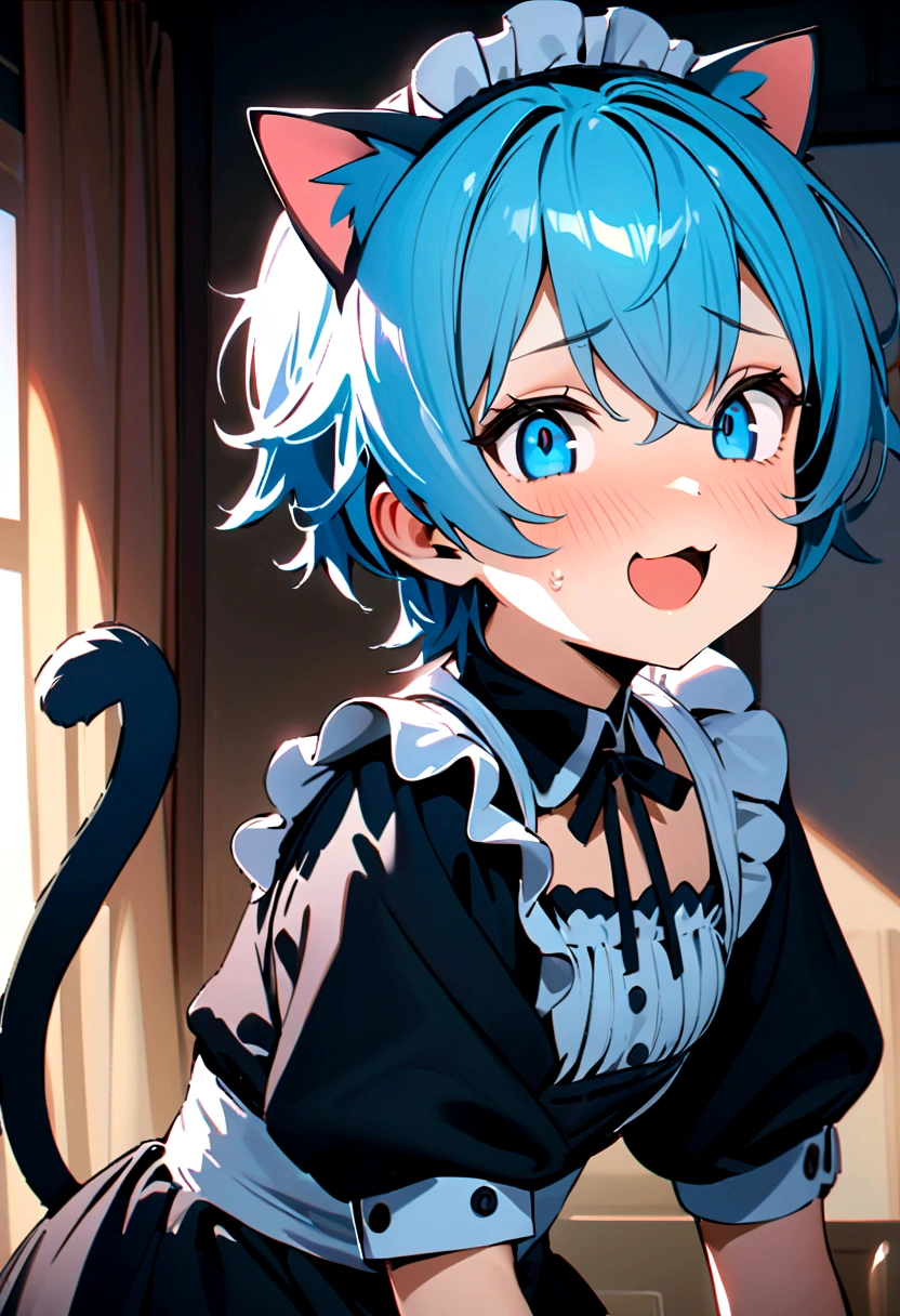 1 boy in maid costume, Shota, Cat ear, Cat's Tail,, Embarrassed, (masterpiece), Highest quality, Expressive eyes, Perfect Face, smile, Open your mouth, Full Color, detailed, 8K, 4K, High resolution, Symmetric, Extraordinary cuteness, Best aesthetics, Maid clothes cute Light blue hair Odd Eye hoodie Naughty sexual behavior Sex