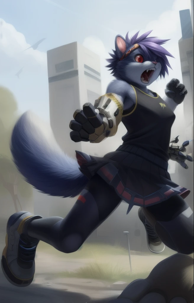 Highest quality, masterpiece, Fighter, Modern Soldiers, squirrel, Navy blue fur, performer, anger, Open your mouth, teeth, Attack viewers, Honoy Hioshiru Personal Ami,Pink Ears, (Head portrait), Pause, outside,Humanity, Red eyes, alone,(hair tuft),student, hair, Short Hair, hairband, hair tie, black | Dark Gradient Jumper, 紫 shoulders, jewelry, Red eyes, Humanity, Furry, hair, cool,, Open your mouth,tights,Kick up, 白blackボーダーの靴下、Big shoes、punk,Mecha Gauntlet、Very short skirt,