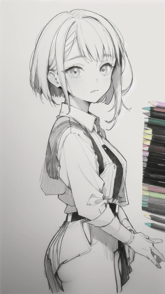 One Girl,Line art,Monochrome,sketch,Pencil drawing,Traditional Media,One Girl, skirt,Cute Teenage Girls, ,Beautiful portrait、Delicate body、Black Hair、Black Hair,landscape