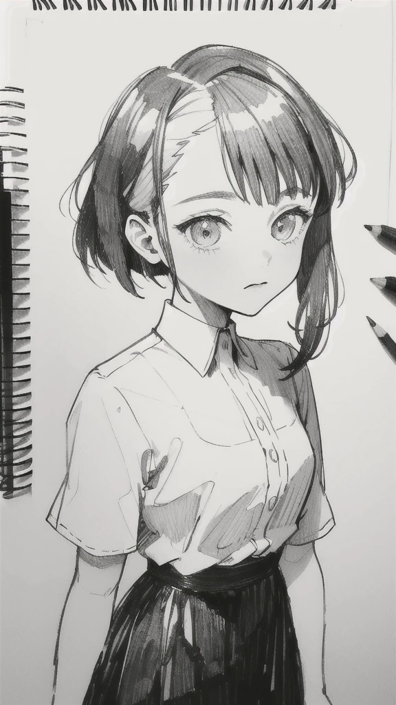One Girl,Line art,Monochrome,sketch,Pencil drawing,Traditional Media,One Girl, skirt,Cute age Girls, ,Beautiful portrait、Delicate body、Black Hair、Black Hair,landscape