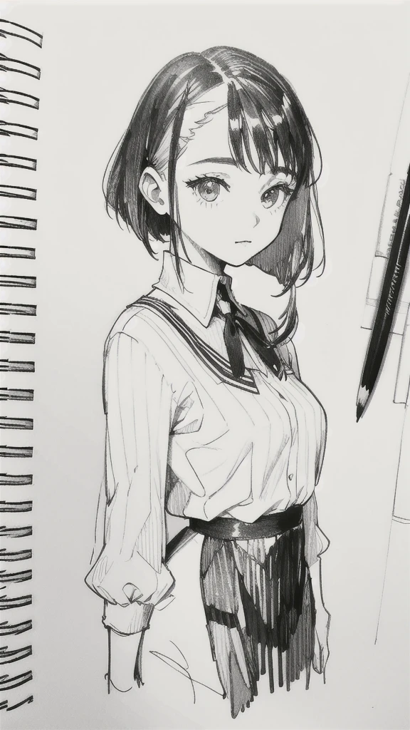 One Girl,Line art,Monochrome,sketch,Pencil drawing,Traditional Media,One Girl, skirt,Cute Girls, ,Beautiful portrait、Delicate body、Black Hair、Black Hair,landscape