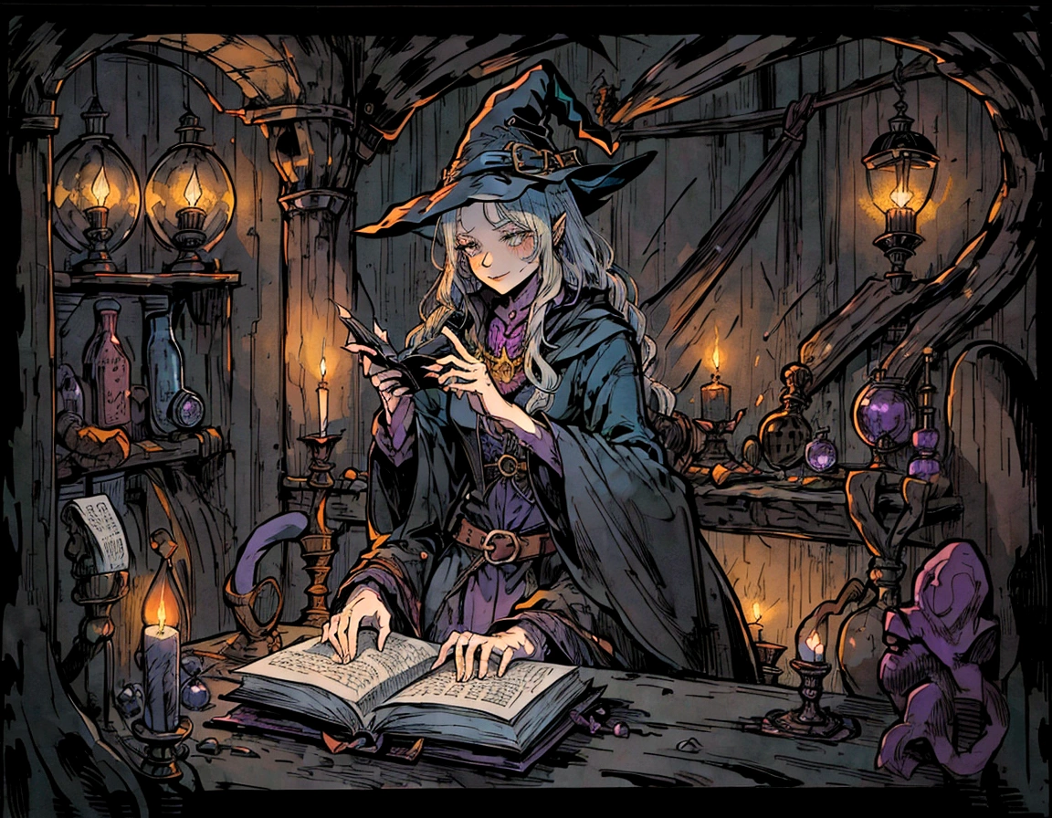 witch reading a book in a dark room with candles and a cat, she is in the potions workshop, in a potion shoppe, casting a spell on a potion, fantasy alchemist laboratory, stylized urban fantasy artwork, painted in the style arcane, magical potions, magic shop, witch paying for her sins, witch fairytale, fantasy potion vendor interior
