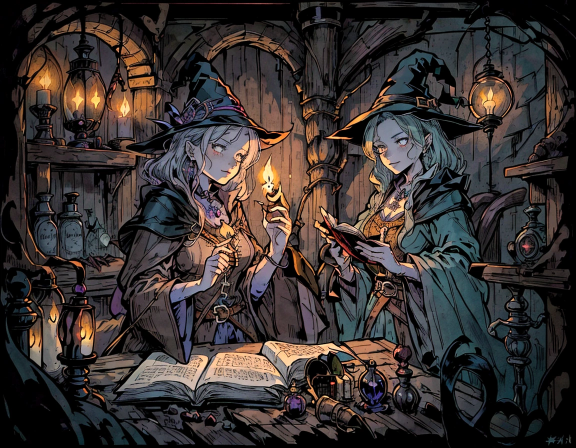 witch reading a book in a dark room with candles and a cat, she is in the potions workshop, in a potion shoppe, casting a spell on a potion, fantasy alchemist laboratory, stylized urban fantasy artwork, painted in the style arcane, magical potions, magic shop, witch paying for her sins, witch fairytale, fantasy potion vendor interior