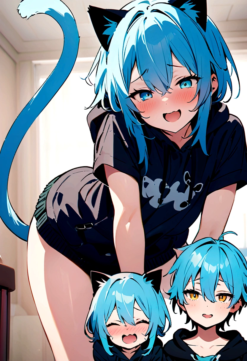 hoodieを着た男の子1名, Shota, Cat ear, Cat's Tail,, Embarrassed, (masterpiece), Highest quality, Expressive eyes, Perfect Face, smile, Open your mouth, Full Color, detailed, 8K, 4K, High resolution, Symmetric, Extraordinary cuteness, Best aesthetics, school uniform cute Light blue hair Odd Eye hoodie Naughty sexual behavior Sex