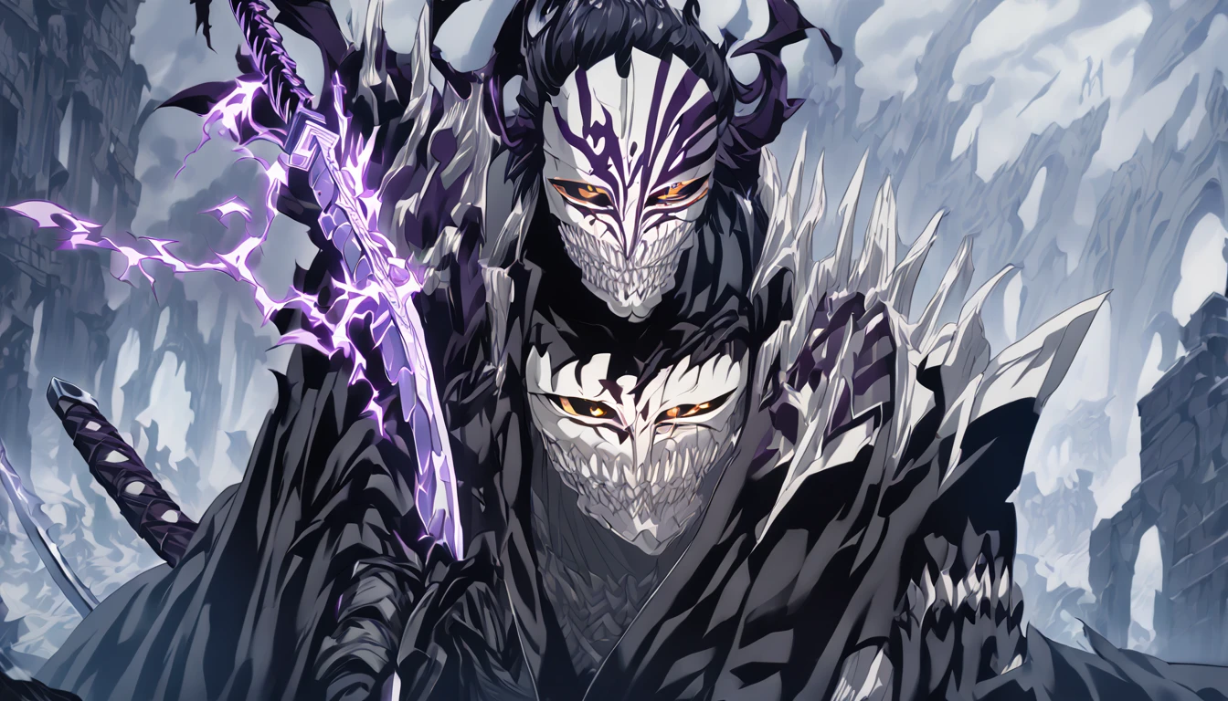 demon mask, sword on the hand,close up, black heavy detailed clothes, hand katana, art, dark and malevolent, hand sword, armor, powerful and intimidating, (masterpiece, best quality, ultra-detailed, best shadow), (detailed background, dark fantasy) dramatic light, intricate details, dark and malevolent, powerful and intimidating, Dark and foreboding, malevolent force, sinister and chilling, armor, high detailed background, girl in demon slayer art, demon slayer art style, epic anime art, God death
