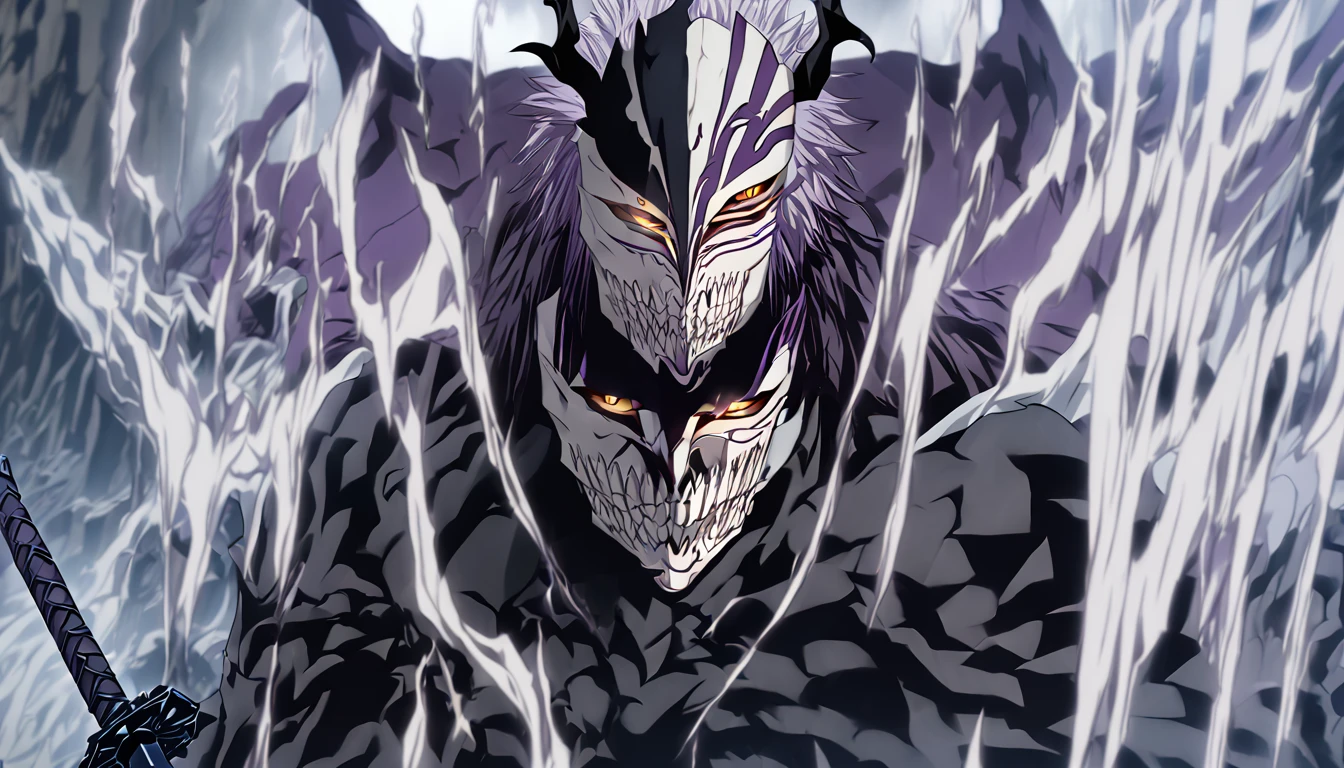 demon mask, sword on the hand,close up, black heavy detailed clothes, hand katana, art, dark and malevolent, hand sword, armor, powerful and intimidating, (masterpiece, best quality, ultra-detailed, best shadow), (detailed background, dark fantasy) dramatic light, intricate details, dark and malevolent, powerful and intimidating, Dark and foreboding, malevolent force, sinister and chilling, armor, high detailed background, girl in demon slayer art, demon slayer art style, epic anime art, God death