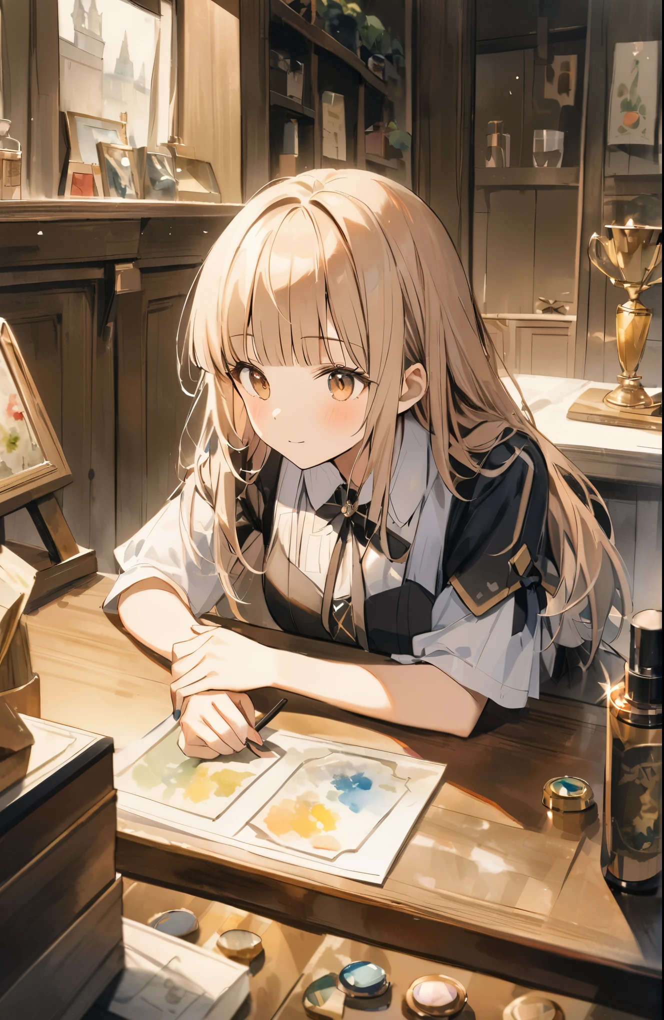 absurdres,watercolor,oil,超High resolution, Attention to detail, high quality, High resolution, 最high quality, 4K, 8K, Awards, (artwork)、Magical goods store clerk、(blunt bangs)、Otherworldly fantasy、Lean forward against the counter、cute、(Another World Clerk's costume:1.37),close-up,light particles