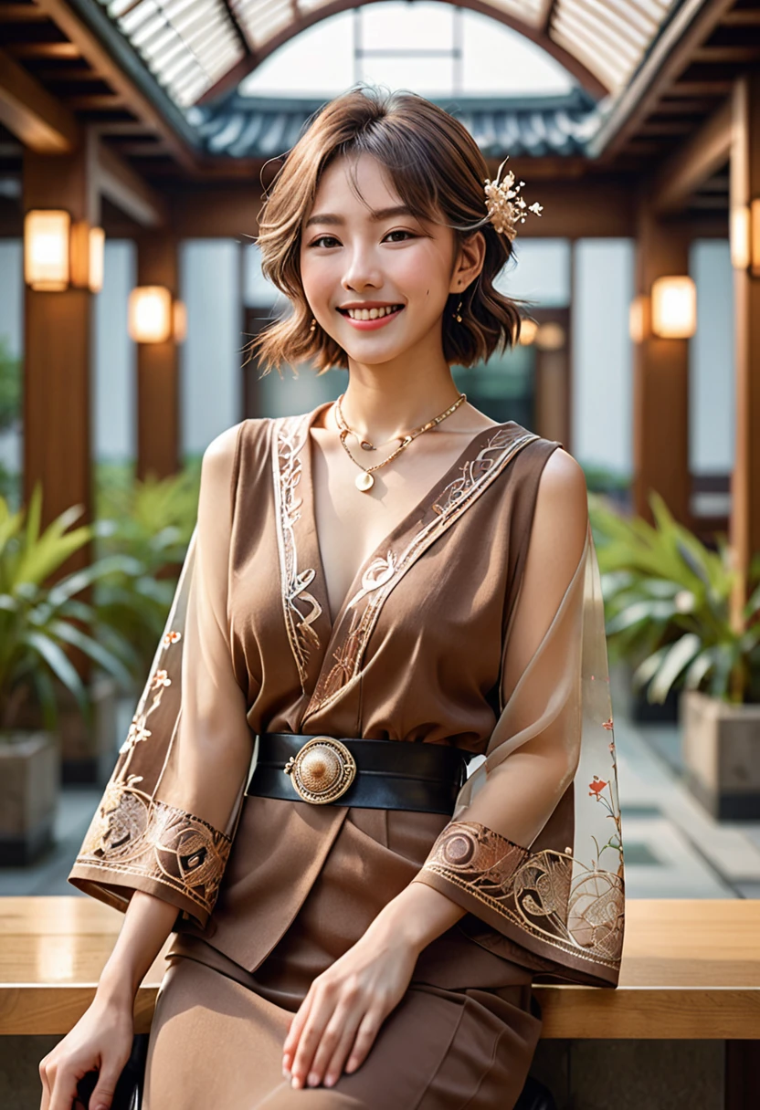 ((8K:1.27)、Highest quality、masterpiece、Ultra-high resolution:1.2)Photo Beautiful Japan woman (Comfortable:1.1) (Brown clothes:1.21) Designed by Greg Rutkowski and Alphonse Mucha Exquisite Elegance、Fantasy、detailed、geometry、Gradient lighting、One Girl、Delicate skin、Looking at the audience、Brown eyes、(Flaxen short hair:1.2)、(Medium Chest:1.0)、(middle breast wheel:0.8)、(Photorealistic:1.4)、(Highest quality:1.0)、(Ultra-high resolution:1.0)、(Without the use of hands:1.0)、8K、Raw photo、 (Representative Song: 0.2), (Purelos Face_v1:0.5)、necklace、tote bag、Office Building Lobby、smile、See through、Cute Smile、With collar、Thin fabric、