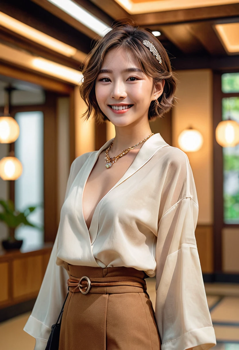 ((8K:1.27)、Highest quality、masterpiece、Ultra-high resolution:1.2)Photo Beautiful Japan woman (Comfortable:1.1) (Brown clothes:1.21) Designed by Greg Rutkowski and Alphonse Mucha Exquisite Elegance、Fantasy、detailed、geometry、Gradient lighting、One Girl、Delicate skin、Looking at the audience、Brown eyes、(Flaxen short hair:1.2)、(Medium Chest:1.0)、(middle breast wheel:0.8)、(Photorealistic:1.4)、(Highest quality:1.0)、(Ultra-high resolution:1.0)、(Without the use of hands:1.0)、8K、Raw photo、 (Representative Song: 0.2), (Purelos Face_v1:0.5)、necklace、tote bag、Office Building Lobby、smile、See through、Cute Smile、With collar、Thin fabric、