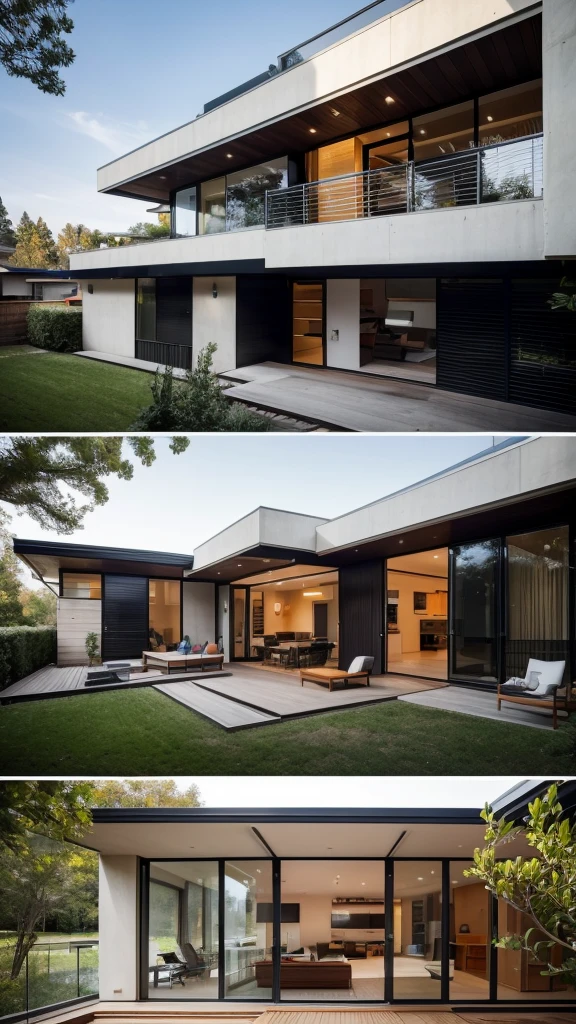 a view of a modern home with a large balcony and a living room, a digital rendering by Jason Felix, pixabay, modernism, mid - century modern, mid-century modern, modern design, modern setting, award winning modern design, large glass windows, modern house in the wood, ultra modern, midcentury modern, passive house, contemporary house, sleek utopian design